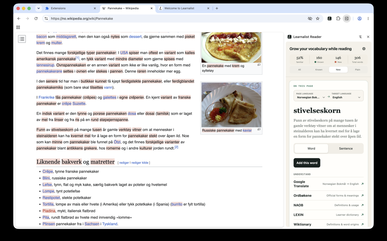 Learnalist Reader beside a Norwegian Wikipedia article, showing a word, its sentence, and learning resources