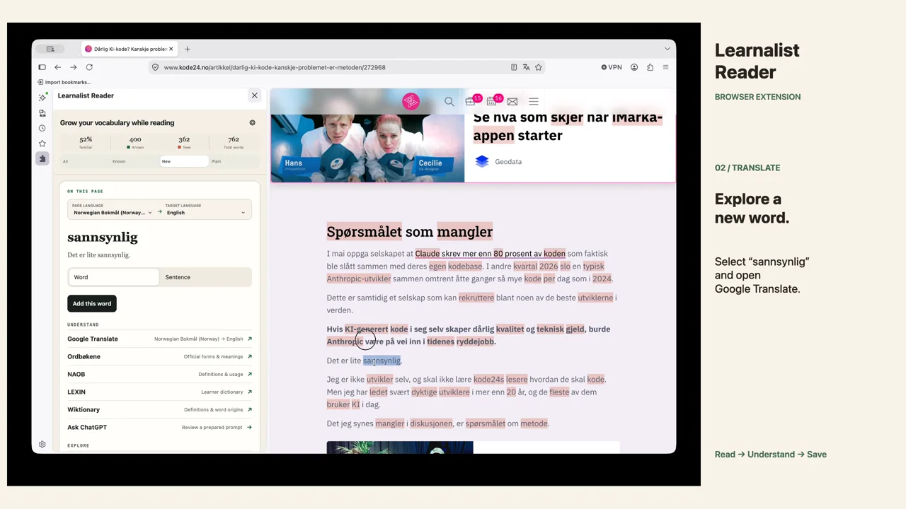 Learnalist Reader: explore a word and save it with its sentence