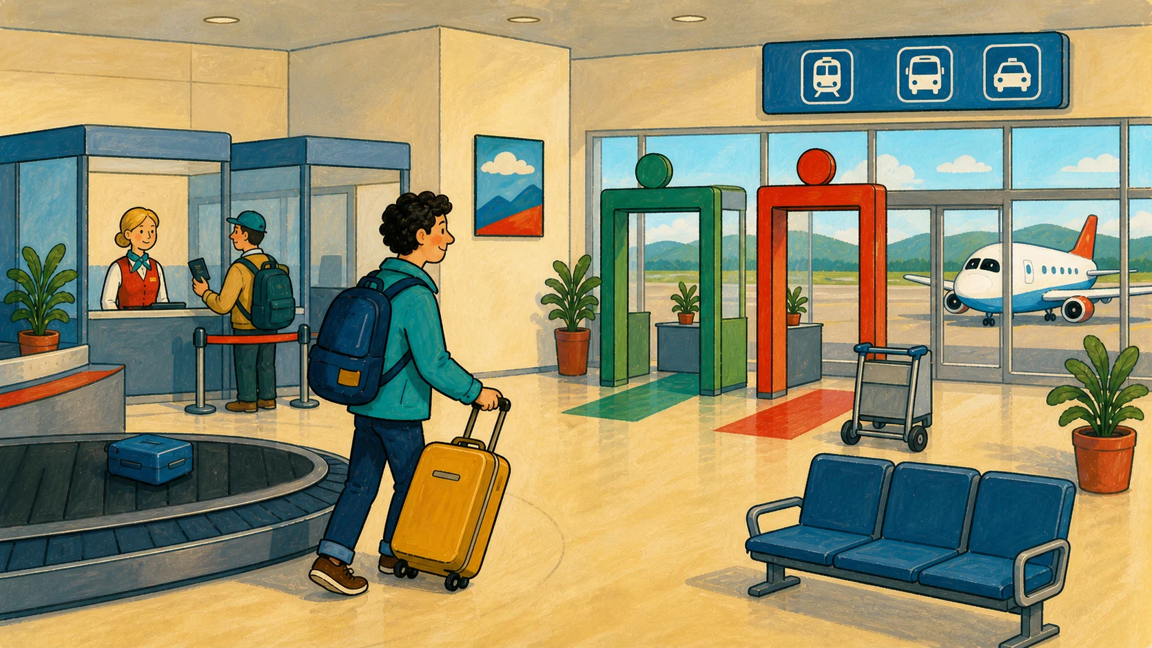 A traveler with a yellow suitcase in a Scandinavian airport arrivals hall with passport control, baggage claim, customs channels, and transport symbols