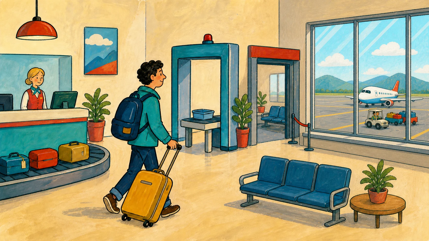 A traveler with a yellow suitcase in a bright Scandinavian airport departure hall with check-in desks, a baggage belt, security, and a departure board