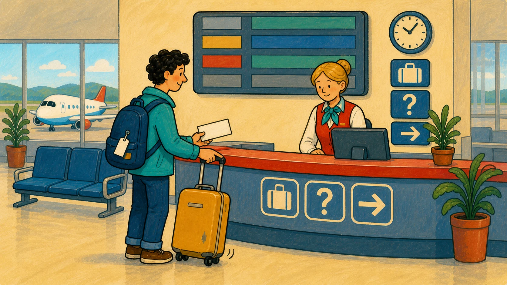 A traveler with documents and a scuffed yellow suitcase speaking calmly with an airport employee at a help desk beneath flight and luggage symbols