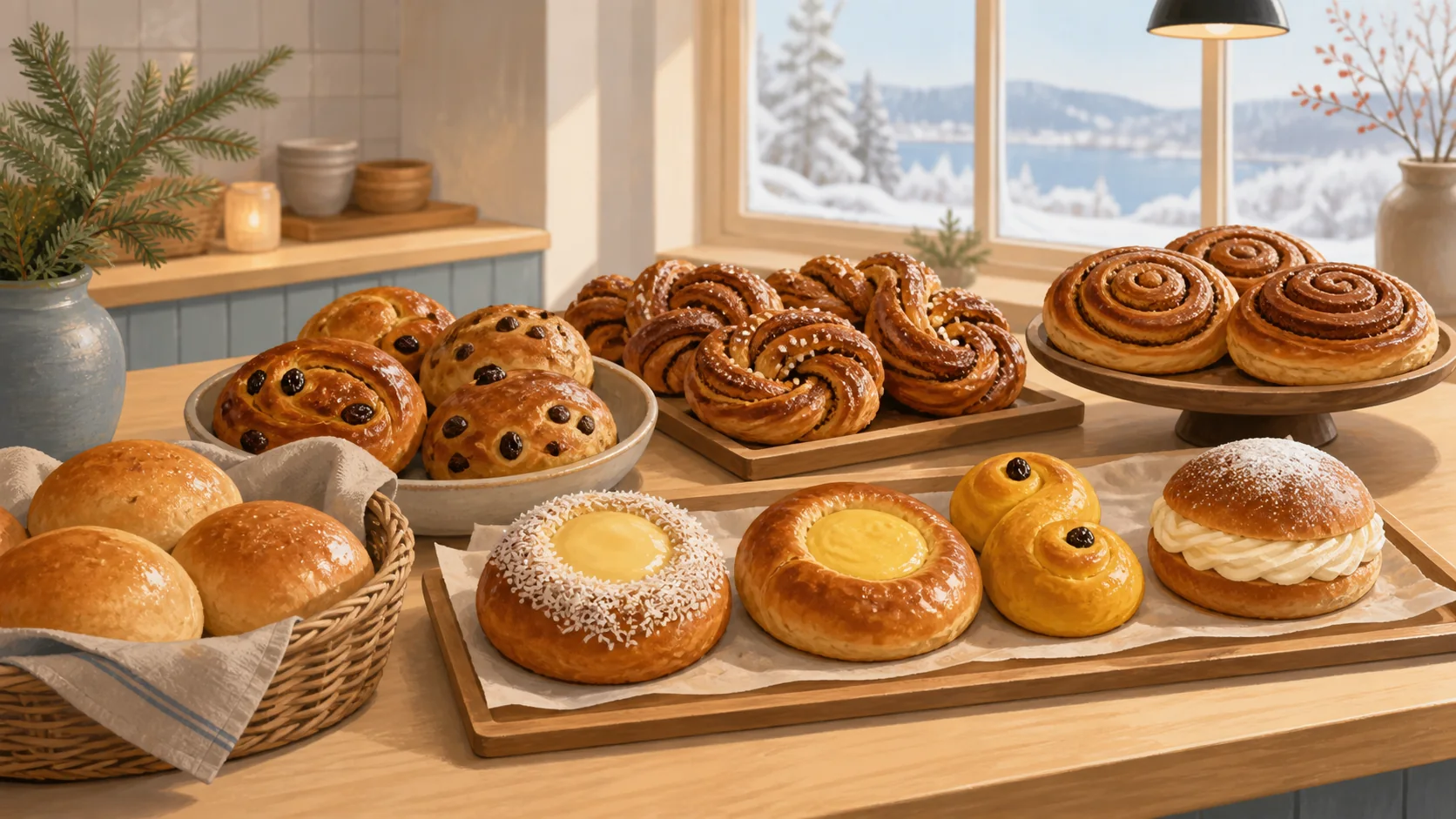 An illustrated Norwegian bakery counter with plain buns, raisin and chocolate buns, cinnamon twists, spiral cinnamon buns, custard buns, a saffron bun, and a cream-filled bun