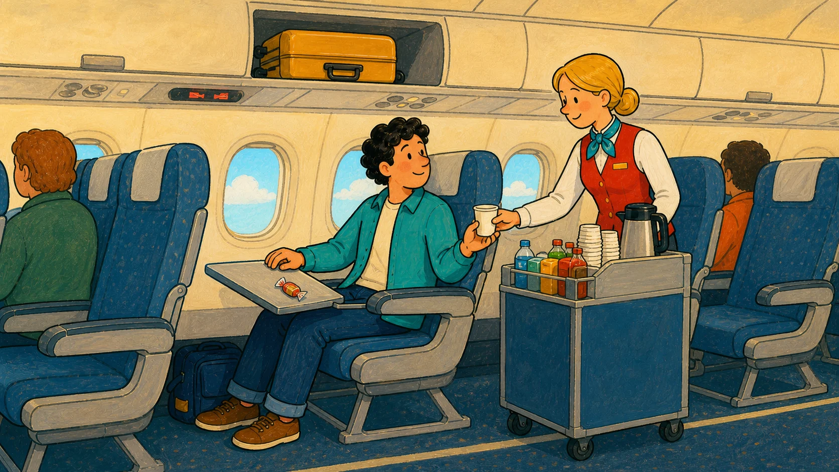 A traveler seated in a calm Scandinavian aircraft cabin receiving a drink from cabin crew, with luggage overhead, a tray table, windows, and an aisle visible