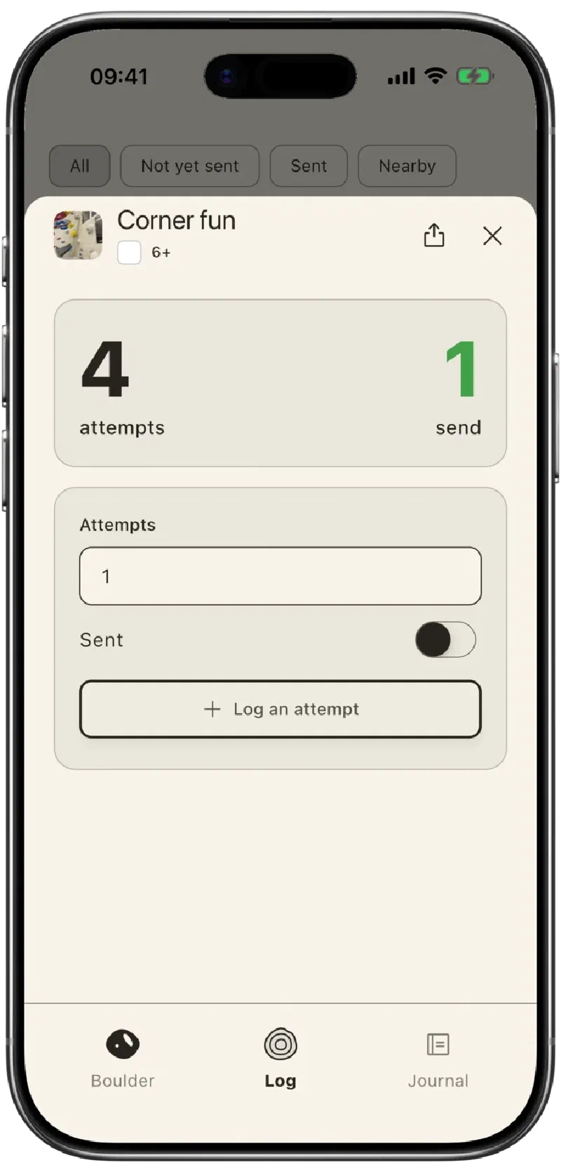 Boulder Log showing four attempts and one send, with a form to log another attempt.