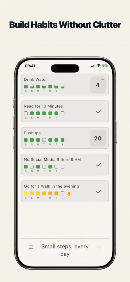 HabitPress showing daily habits, quantity counters, check-ins, and streak progress on iPhone