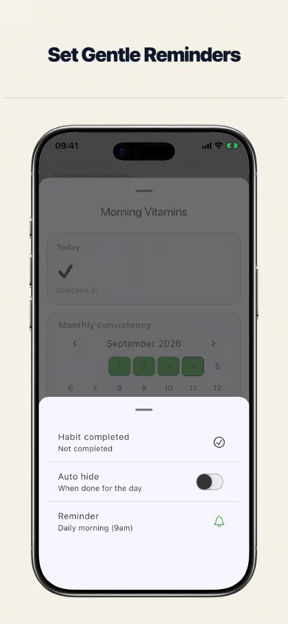 HabitPress settings with a daily morning habit reminder