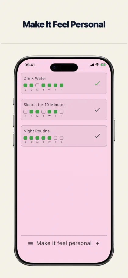 HabitPress daily habit list with a personal pink theme