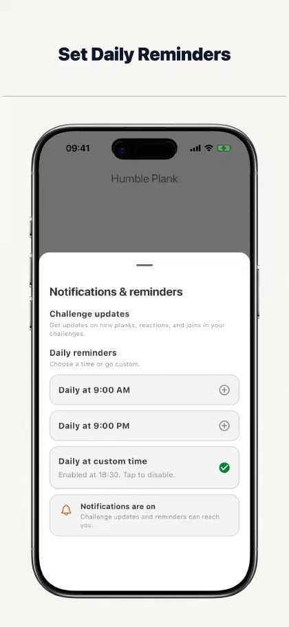 The Humble Plank settings for morning, evening, and custom daily reminders