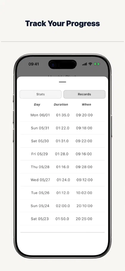 The Humble Plank history showing the duration and time of completed plank sessions
