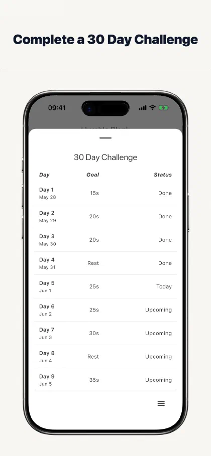 The Humble Plank 30 Day Challenge showing daily targets, rest days, and progress