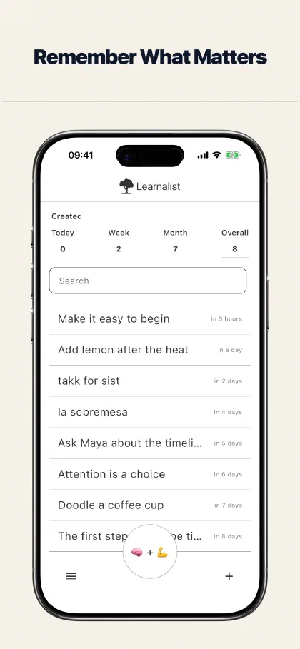 Learnalist review screen showing a saved note and Sooner and Later recall choices