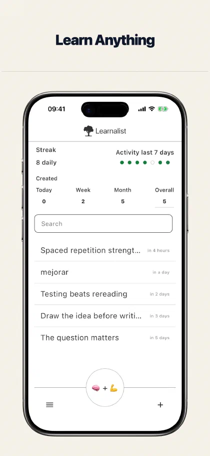 Learnalist practice list showing words and translations ready for review