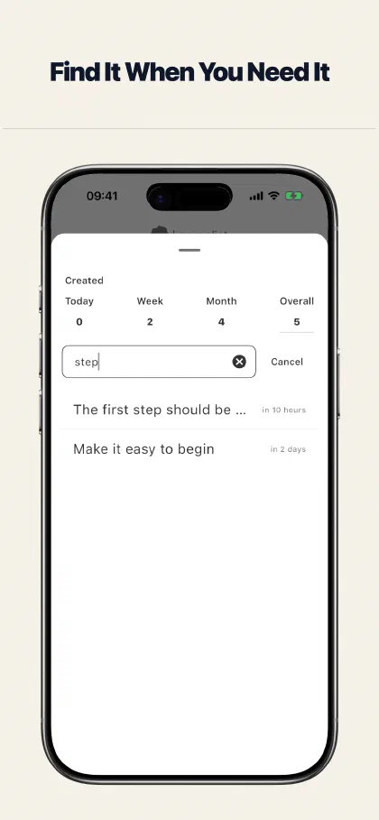 Learnalist search screen finding saved notes and lists